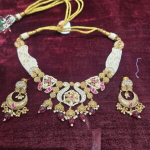 Traditional Temple Kundan Choker Necklace Set (Maroon)
