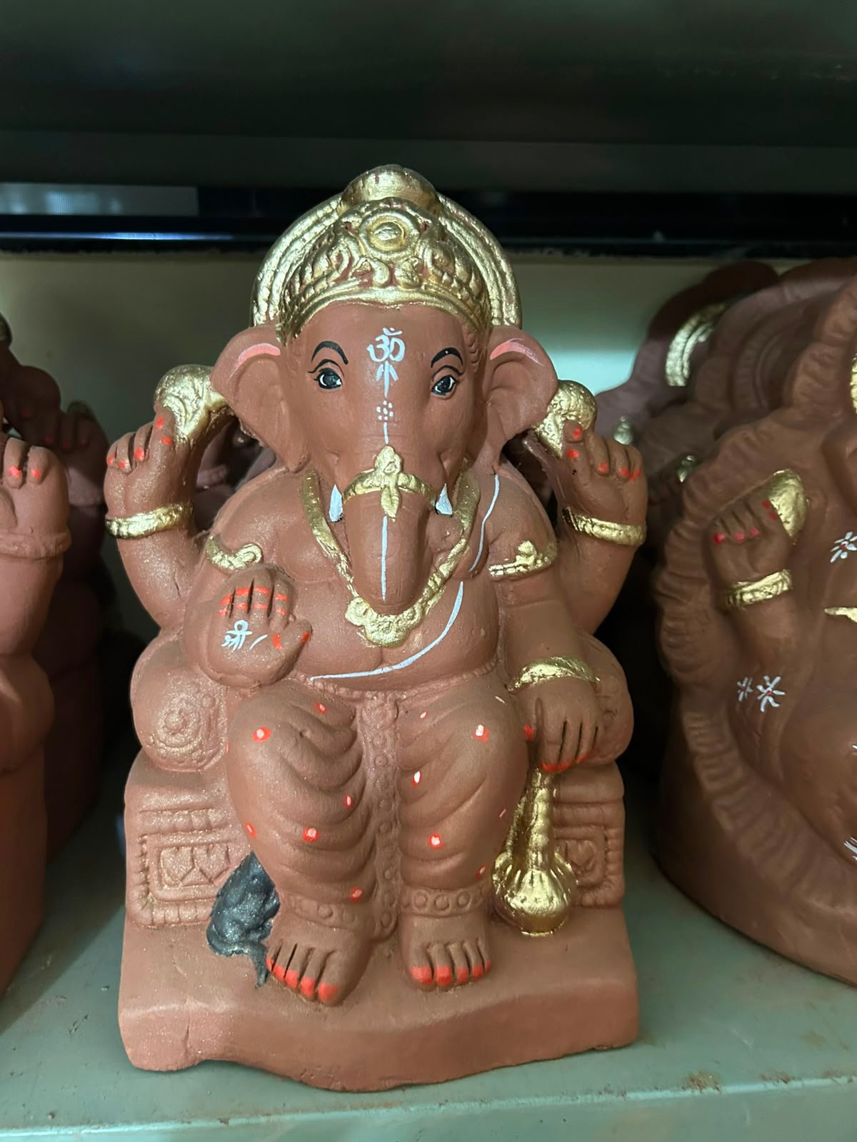 Terracotta Golden Crown Ganesh Idol